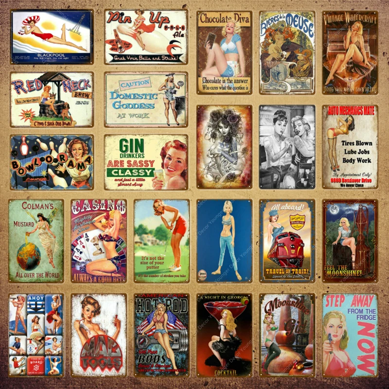 Pin Up Girl металлические знаки Самогонный плакат Сексуальная Дамская металлическая табличка настенная живопись наклейка для паба бара клуба домашний декор YI-167