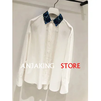 

New 2020 Ladies Lapel Shirt Cotton Embroidered Long Sleeve Shirt Solid Color Ladies Shirt Wild Spring Summer High Quality Ladies