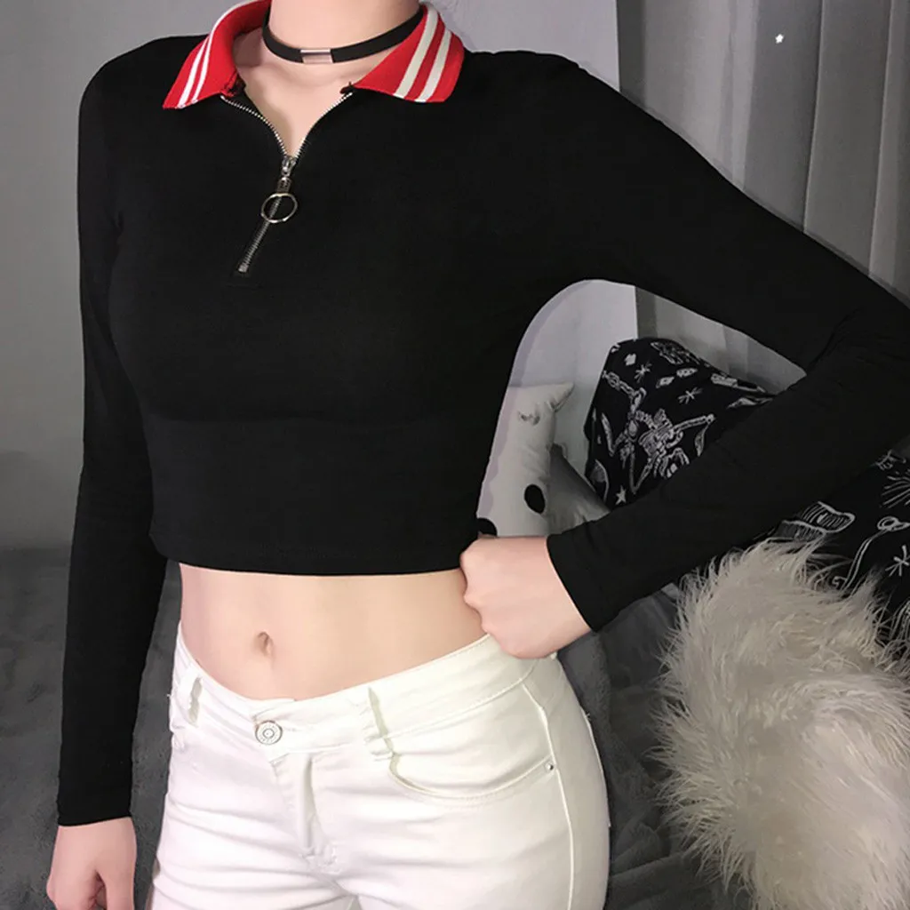 

Crop Sweatshirt Sexy Women's Fashion Silm Turn Down Collar Clothes Clubwear Lady Long Sleeve Leisure Zipper Thin Sweatshirts