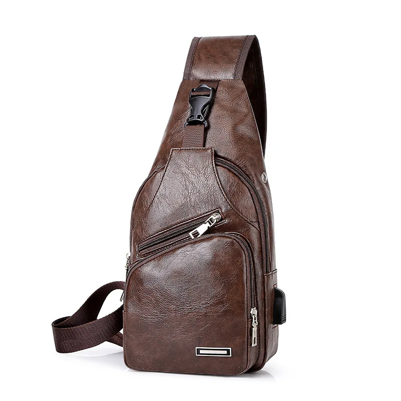 

Cross Border New Style Men PU Sling Bag Leisure Bag Sports Fashion Models Headphone Jack Chest Pack USB Interface Anti-Theft-