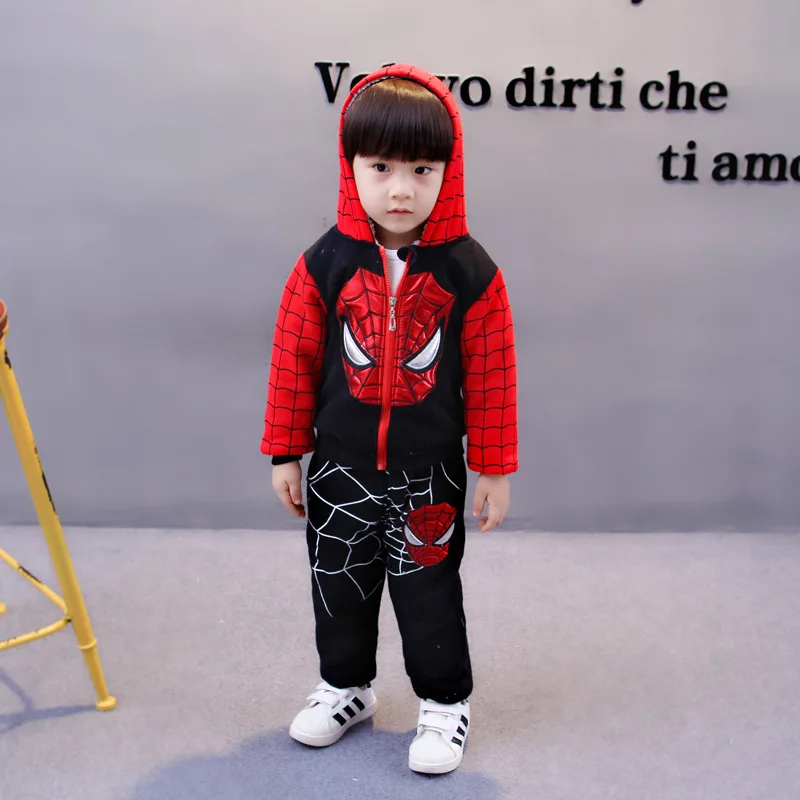 Комплект одежды с человеком-пауком для маленьких мальчиков; зимние комплекты одежды для маленьких мальчиков; куртка+ брюки; Детский костюм; теплая детская одежда - Цвет: black