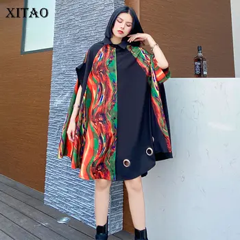 

XITAO Tide Hit Color Patchwork Print Blouse Hollow Out Women Clothes 2020 Summer Turn Down Collar Short Sleeve Shirt DMY5031