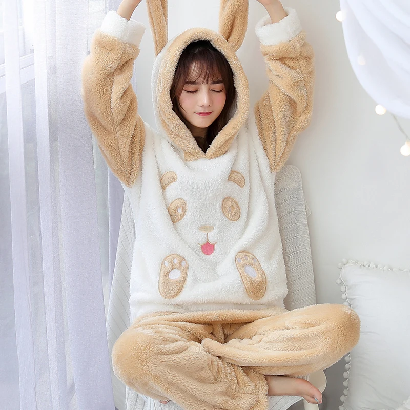 Корейская kawaii Пижама с капюшоном для женщин, зимняя теплая одежда для сна, домашняя одежда для отдыха, женская розовая Фланелевая пижама, пижама для девочек
