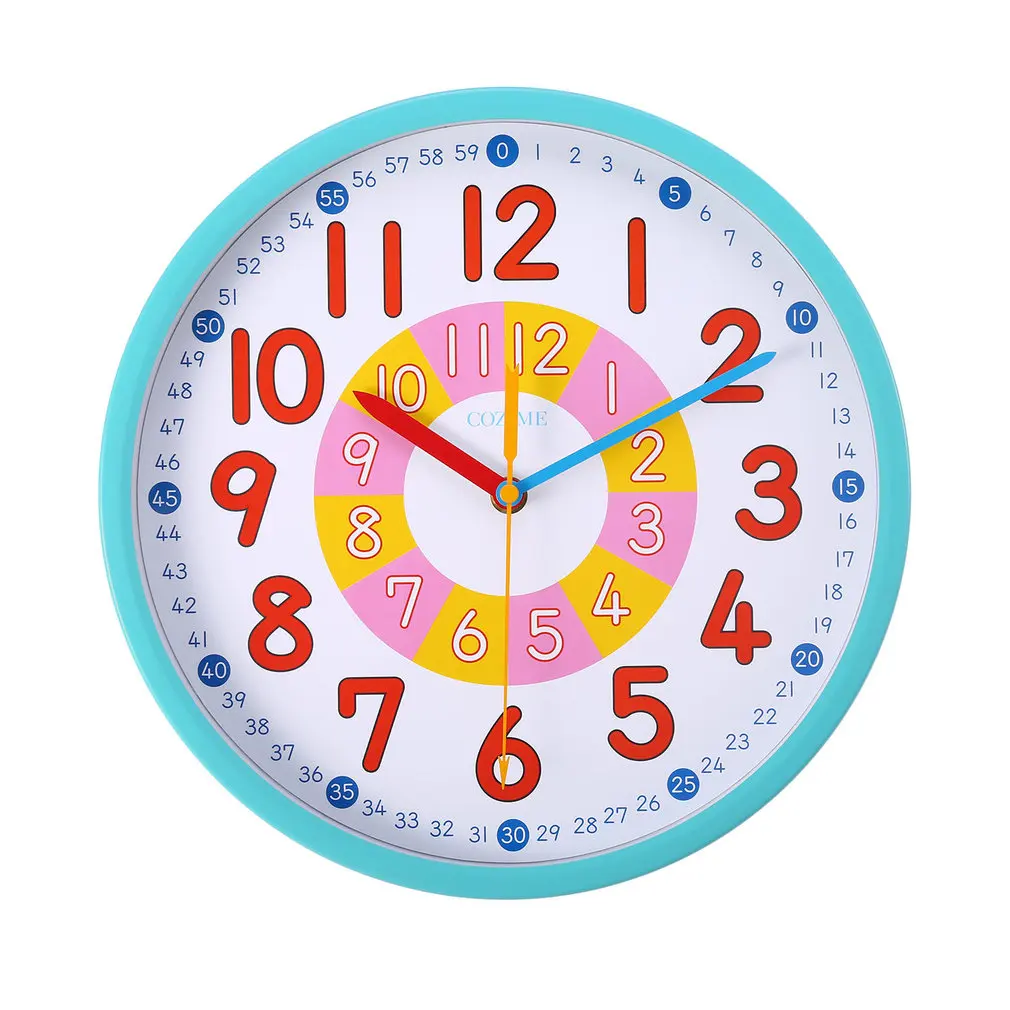 12 Inch Blue Metal Frame Decorative Round Colorful Lovely Wall Clock Silent Movement for Children to Learn for Teaching