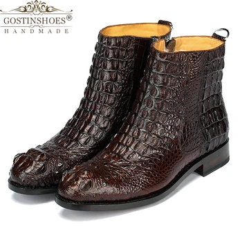 

Gostinshoes Handmade Goodyear Welted Crocodile Skin Brown Zip Pointed Toe Zip Antiskid Luxury Winter Wool Warm Snow Boots Men