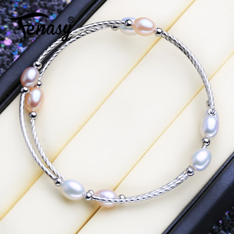 

FENASY White Pink Purple Multi Pearl Bracelet Fashion Tube Bracelet 6mm Rice Pearl Adjustable Bangle For Women Idea Gift