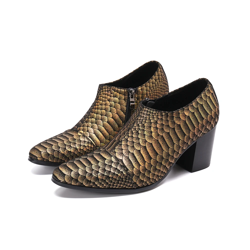 

Fashion Plus Size Pointed Men's Party Shoes Fish Scale Pattern Leather Man 7.5cm High Heels Shoes Casual Business Wedding Shoes