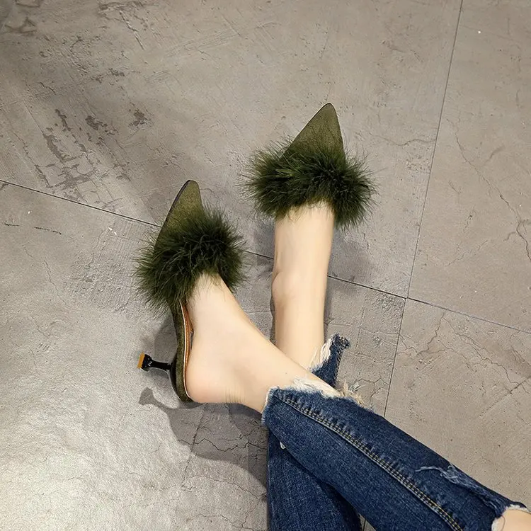 

Ostrich Feather 2017 Autumn Europe And America Fashion Pointed Closed-toe Thin Heeled Suede High-Heel Slipper Fluffy Shoes WOMEN