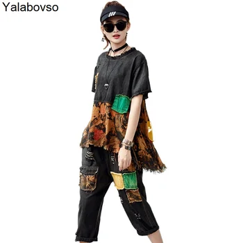 

2020 Soft Cotton Denim Round Neck Top Hole And Calf-length Pants Suit For 2 Piece Set Women Color Patchwork Loose Clothes Female