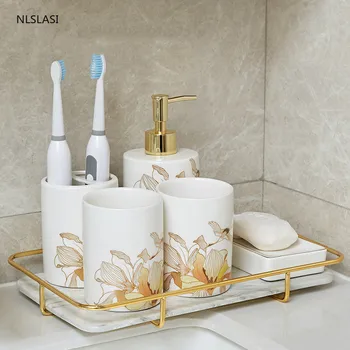 

Upscale Ceramic Bathroom Accessory Set Soap dispenser Couple gargle cup Toothbrush Holder bathroom decoration Wedding gifts