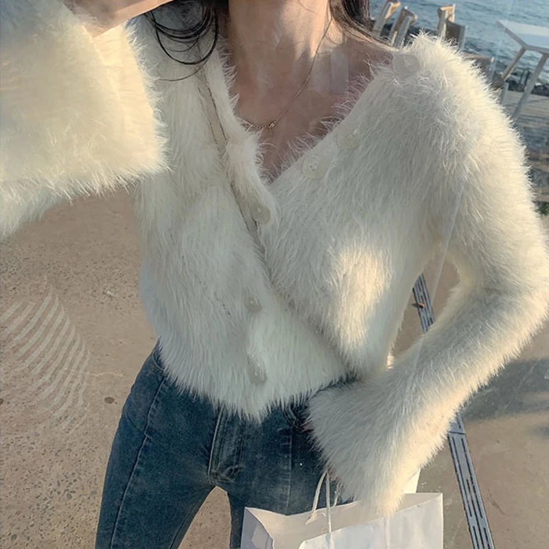 

Women Winter Solid V-Neck Crop Top Sweater Cardigan Faux Mohair Female Girls Casual