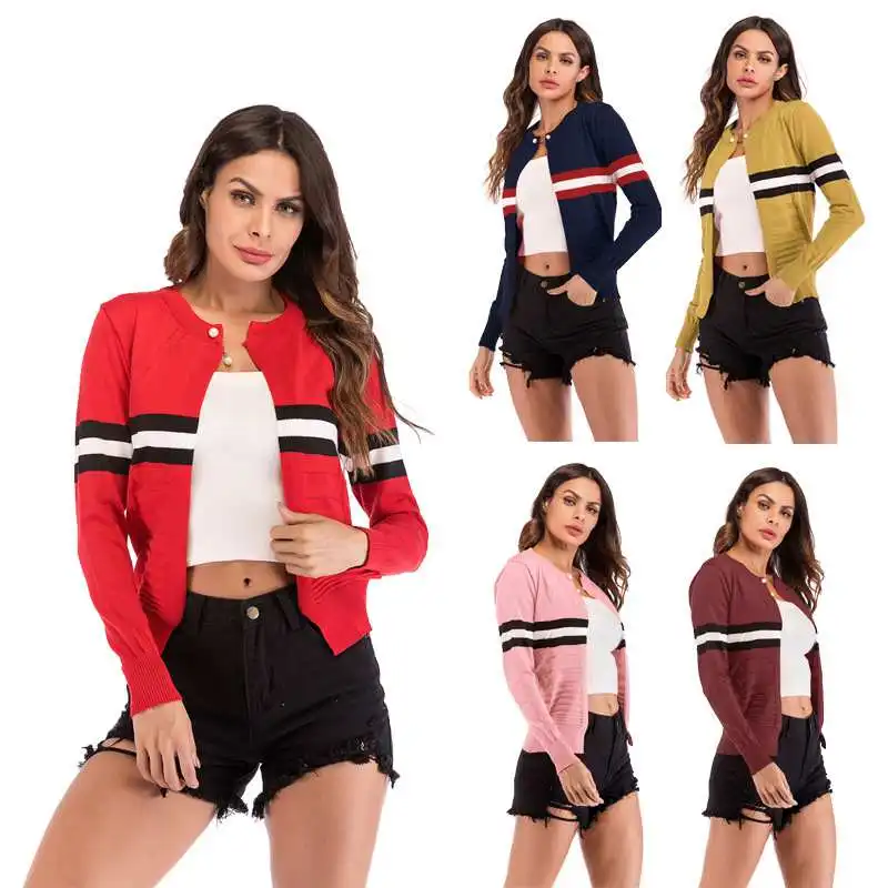 

2019 autumn new knit cardigan women fashion simple mosaic stitching decorative casual knit cardigan