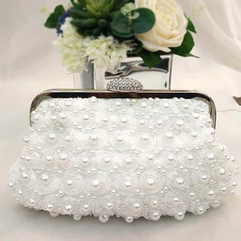 

Women Lady Elegant Wedding Hasp Beaded Handbag Large Capacity Fashion Lace Flower Artificial Pearl Clutch Bag Evening Party
