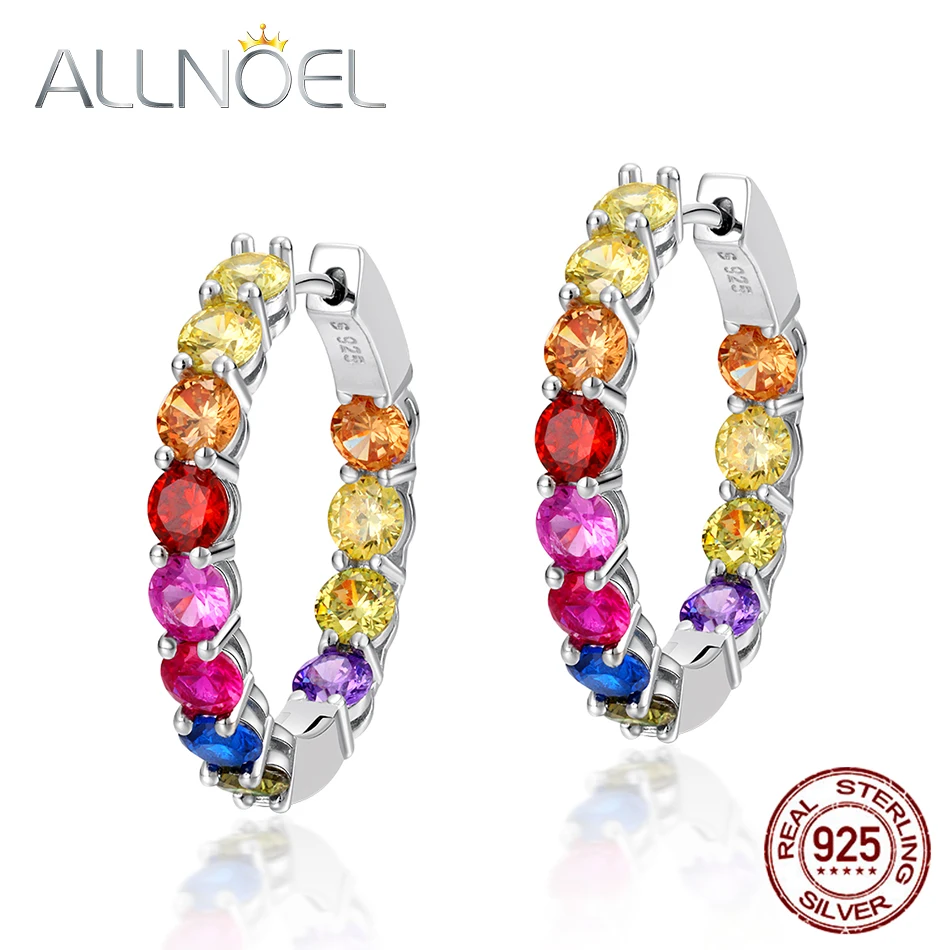 ALLNOEL, 925 пробы, серебряные, цветные циркониевые серьги для женщин, бриллиантовые серьги-кольца, Цветной циркон, Настоящее золото, вечерние серьги
