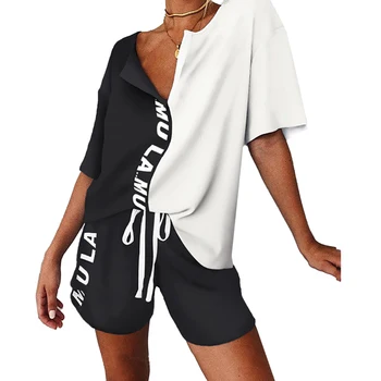 

Two Piece Set Women Summer Letter Print V Neck Shirts + Drawstring Shorts Casual Female Clothing Tracksuit Sports Loose Suits