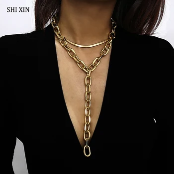 

SHIXIN Punk Long Tasse Thick Chain Chunky Necklace Statement Hip Hop Cuban Link Chain Layered Necklaces for Women Chokers Collar