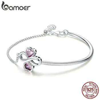 

BAMOER 925 Sterling Silver Elegant Clover Love Pink CZ Bracelets & Bangles for Women Original Sterling Silver Jewelry SCB092