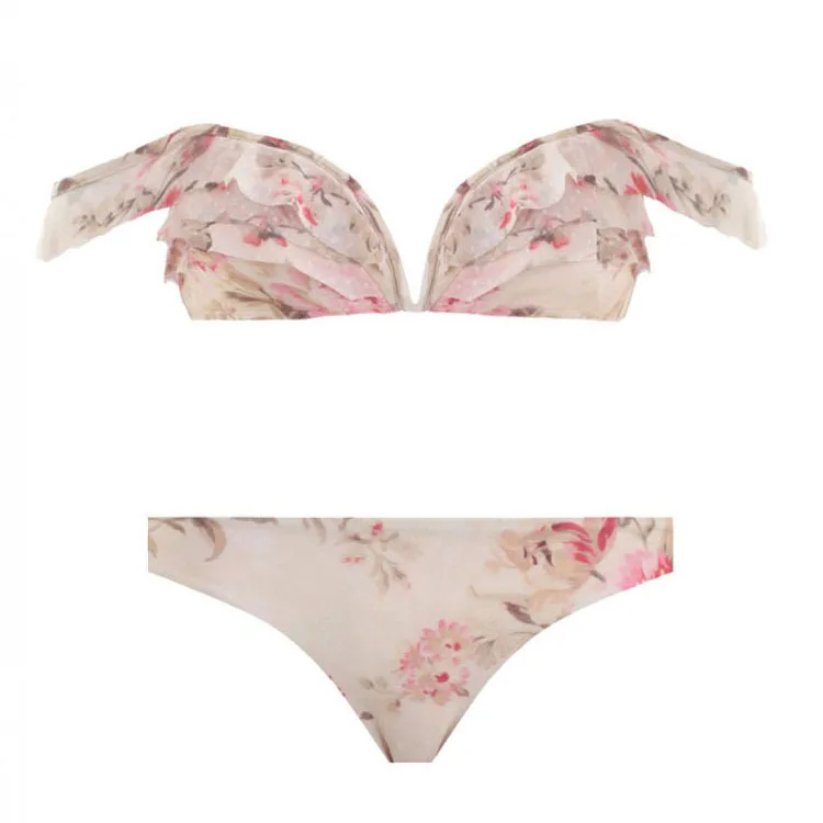 

2018 New Style Australia New Style Deep-V Chest Sexy Gauze Printed Solid Color Split Type Bikini Bathing Suit Women's