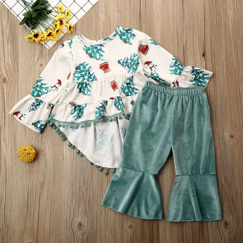 

2PCS Christmas Baby Girls Outfit Xmas Tree Ruffle Tops Dress Long Pants Xmas Outfits Kid Clothes Set 6M-4T
