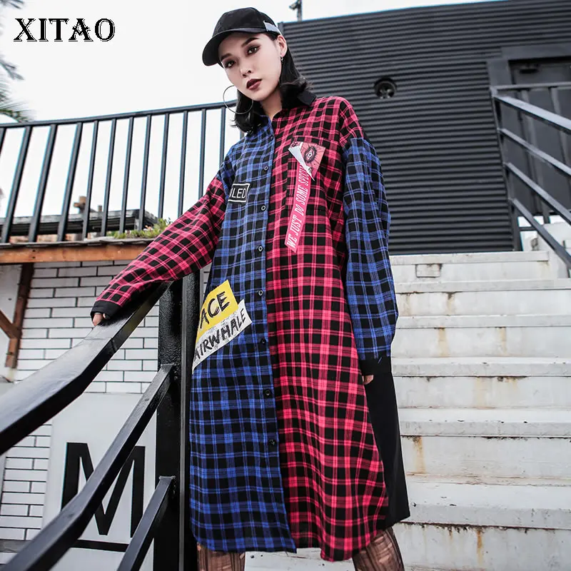 XITAO Tide Лоскутная клетчатая Длинная блузка с буквенным принтом модная винтажная