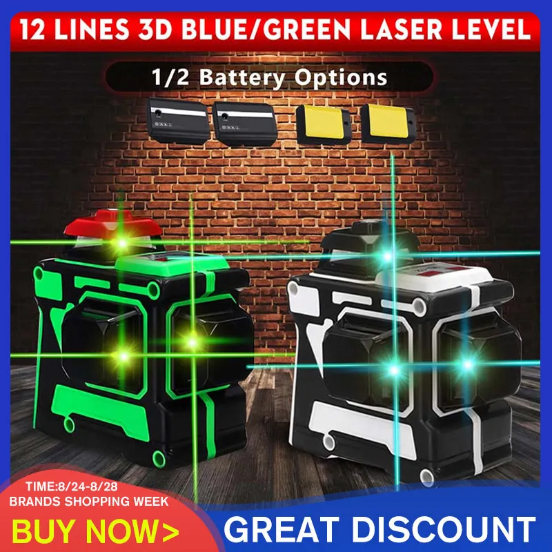 Лазерный уровень 12 линий зеленый/синий линия 3D вращение на 360 градусов