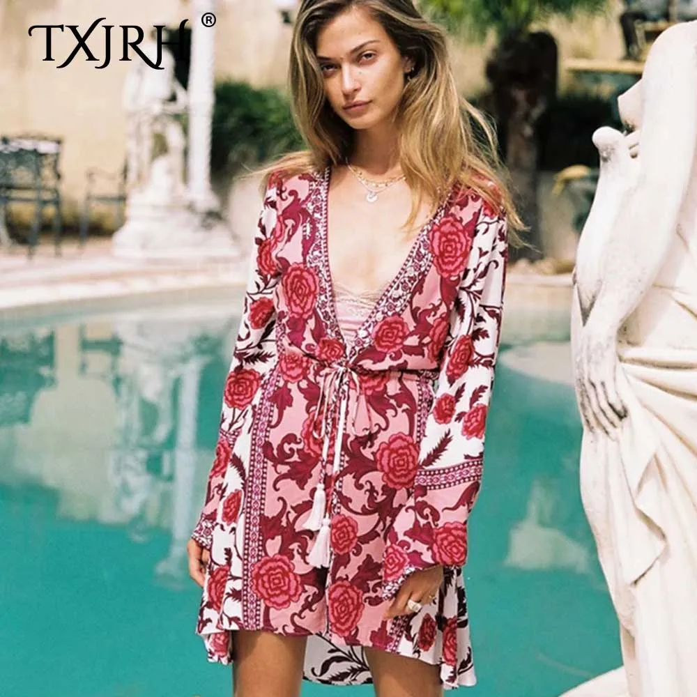 

TXJRH Vintage Ethnic Bloom Red Rose Floral Print Bohemian Kimono Cardigan Blouse Sashes Tied Bow With Belt Shirt Mid Long Tops