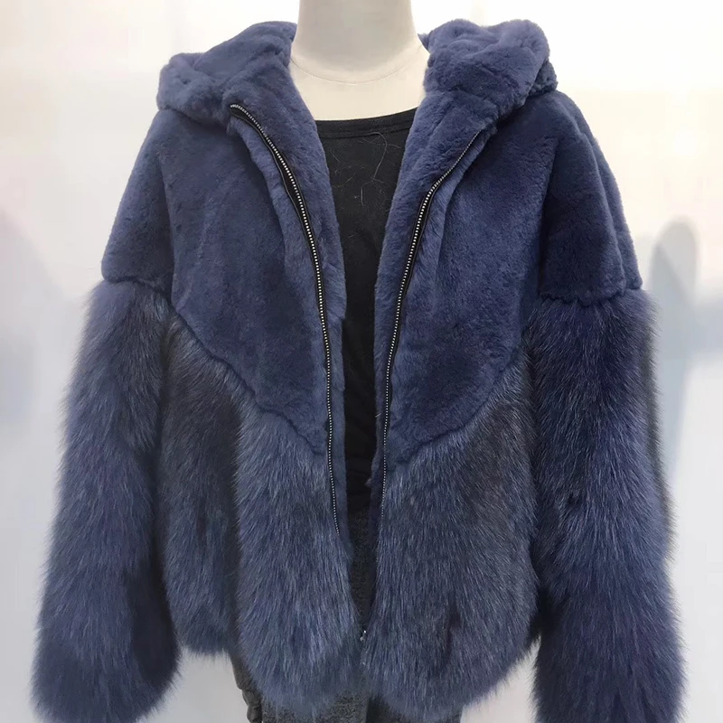 Королевский синий rf1987 New Arrival Real Fox Fur Fashion Woman's Real Rex Rabbit Fur Coat with Hood Natural Fur Jacekt - Цвет: Королевский синий
