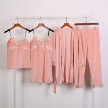 Розовый осенне-зимний теплый пижамный комплект из 4 предметов, женские сексуальные пижамы, ночная сорочка на бретельках без рукавов, длинные штаны, Халат