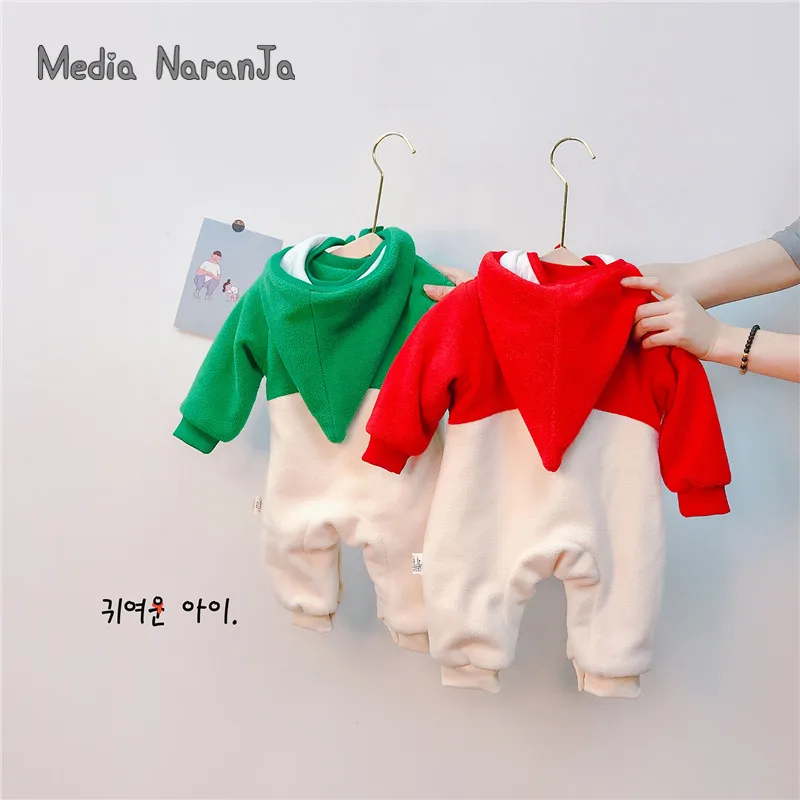 Christmas cute elk section warm plus velvet long toddler romper with hat infant toddler jumpsuit winter twins holiday clothing
