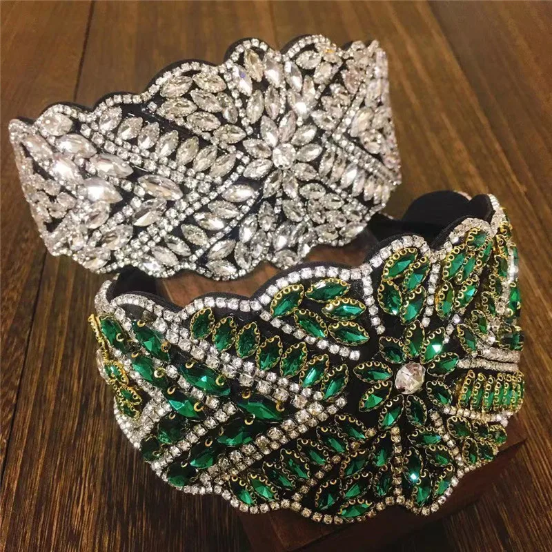 2021 Wide Luxury Baroque Rhinestone Headband For Women Silver Green Red Color Full Crystal Diamond Hairband Hair Hoop Girls Gift мел silver cup 144шт 03845 green