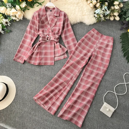 pink Neploe Temperament Office Work Style 2 Pcs Women Set Slim Waist Plaid Irregular Blazer+ High Waist Hip Horn Trousers Autumn47334 - Цвет: pink
