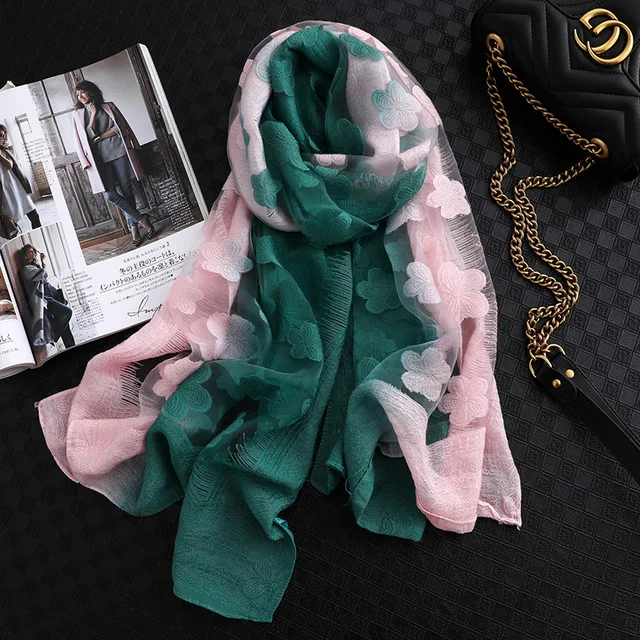 2024 NEW Fashion Women Cut Flowers Hollow Lace Gradient Flower Silk Scarf Spring Shawls and Wraps Towel Femme Beach Sjaals 5