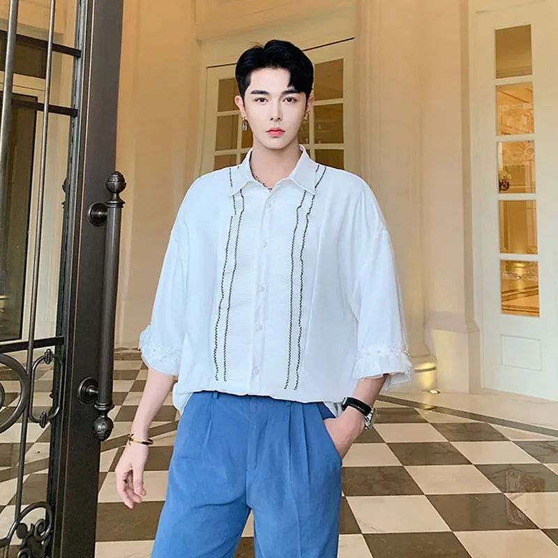 

Men Summer Ruffles Short Sleeve Loose Casual White Black Shirt Male Vintage Fashion Gothic Party Show Dress Shirt