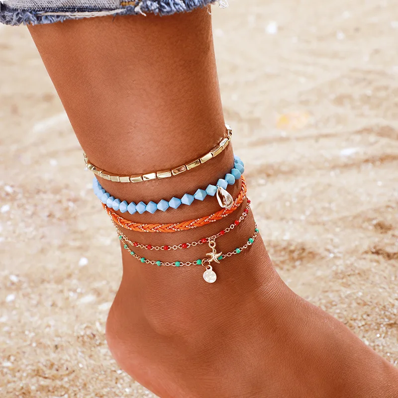 

Boho Beach Foot Jewelry Gold Color Seashell Starfish Pendant Ankle Bracelets for Women Arrow Rope Chain Multilayer Foot Anklets