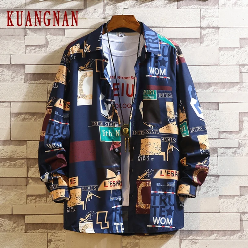 

KUANGNAN Japan Style Harajuku Shirt Men Fashions Men Shirt Long Sleeve Mens Shirts Casual Slim Fit 5XL Streetwear 2019 Autumn