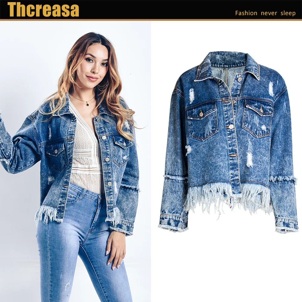 

Cowboy Clothing Women's Europe And America WOMEN'S Dress Loose-Fit BF Style Tassels Denim Jacket Jeans Coat Women's
