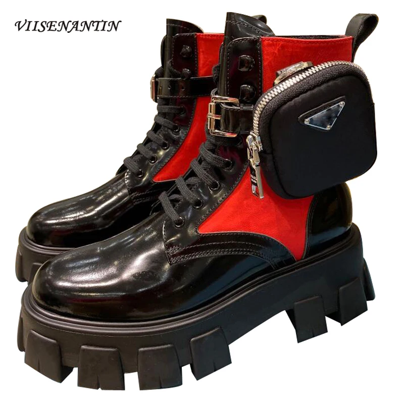 

Design Red Genuine Leather Botas De Mujer Spring/autumn Thick Sole High Heel Pockets Knight Boots Belt Buckle White Woman Shoes