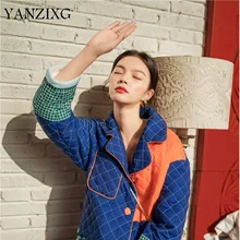 Осень зима шаблон лацканы длинные хит цвета однобортный толстый комплект из двух частей пижамы для женщин D431