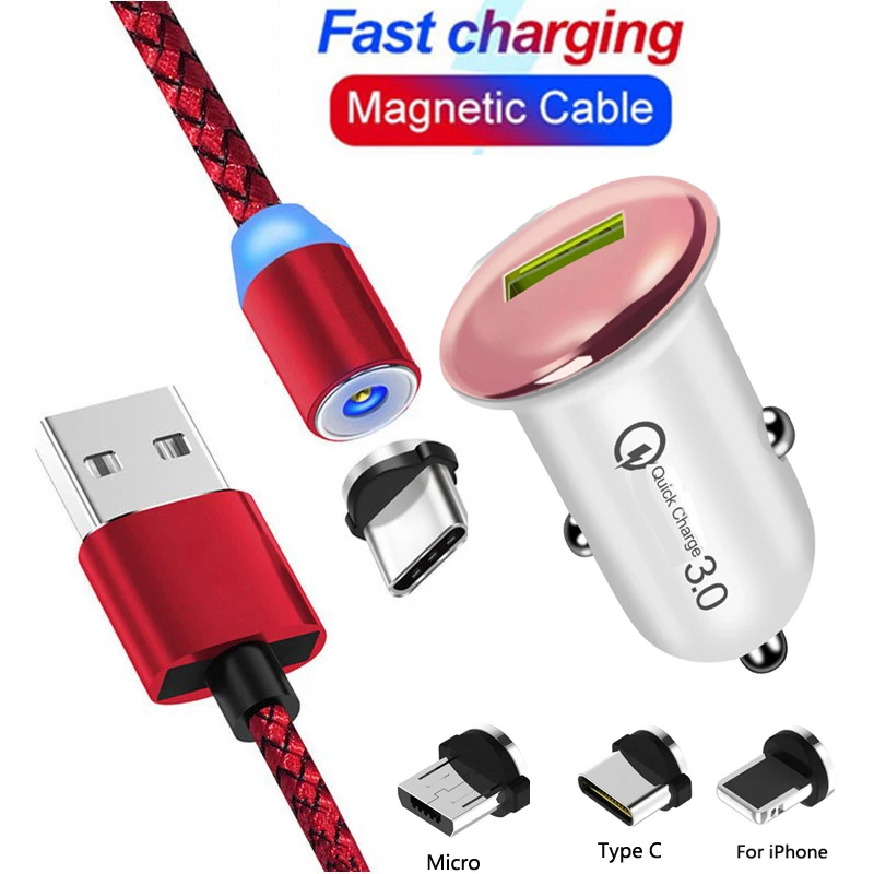 Magnetic Cable Micro USB Type C Cable QC3.0 Car Charger Fast Charging For iPhone XS 8 7 Huawei Xiaomi Samsung Car Charger Cable