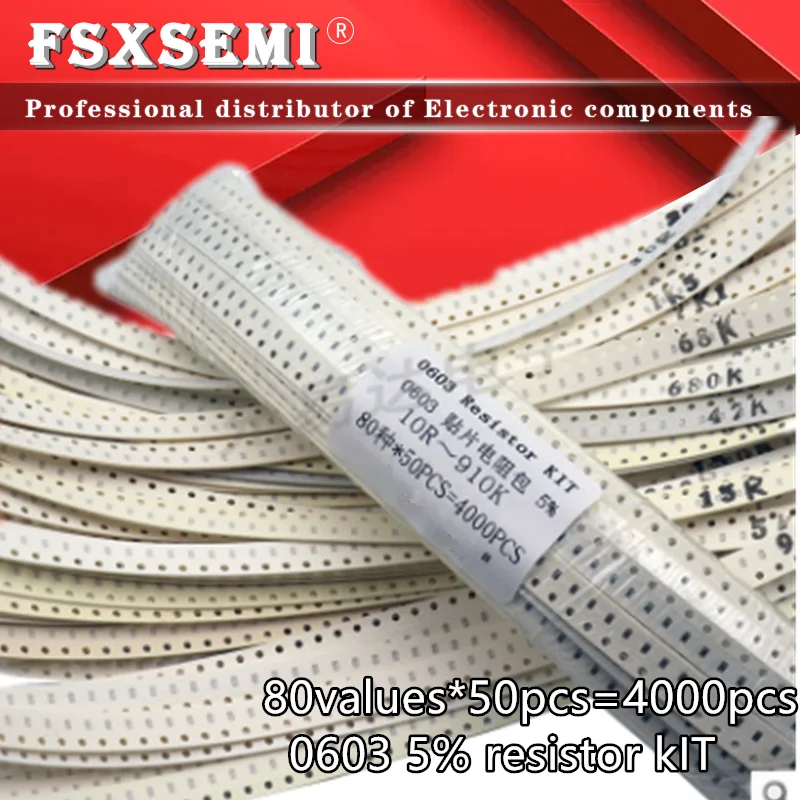 80values *50pcs=4000pcs 0603 5% SMD resistor kit Assortment Set 10R~910K ohm 10R 100R 10K 100K 470K