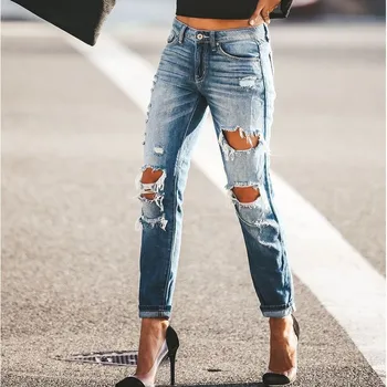 

Ladies'high-waist jeans with holes, elastic bandages and tight jeans