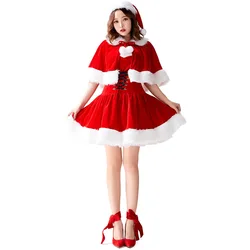 Costume de noël Cosplay pour femmes, robe rouge, cape, chapeau, Costume de fête, spectacle sur scène, ensembles complets 