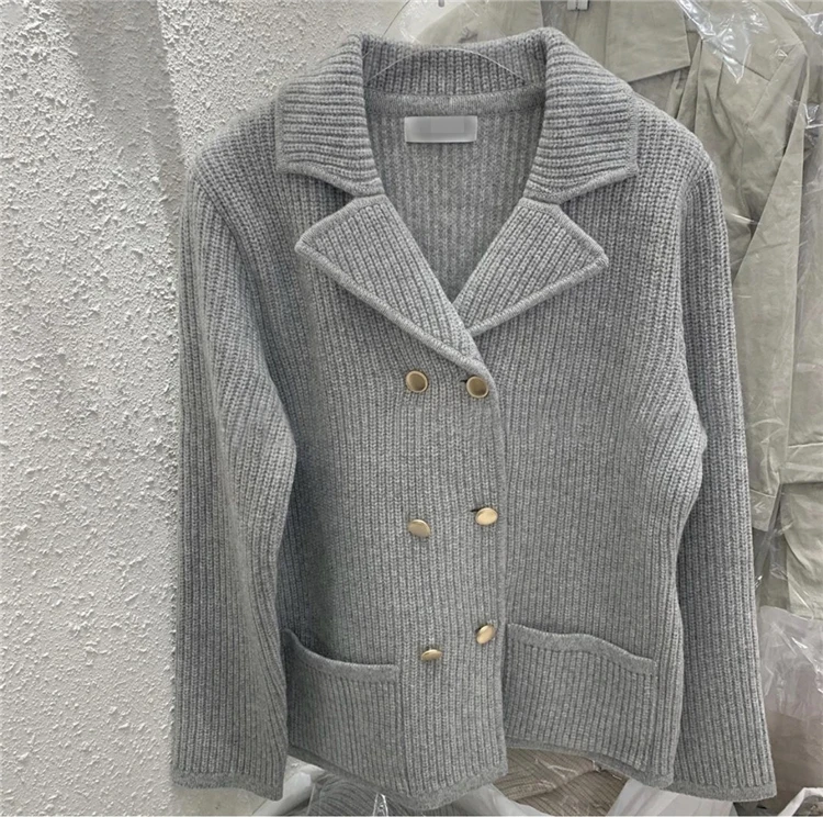Женский осенний зимний элегантный вязаный свитер с отложным воротником, двубортный однотонный плотный кардиган, куртка, верхняя одежда