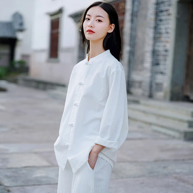 

Autumn Loose Comfortable Cotton Linen Plate Buckle Stand Cardigan Shirt 2019 New Retro All-match 3 Color Women Shirts
