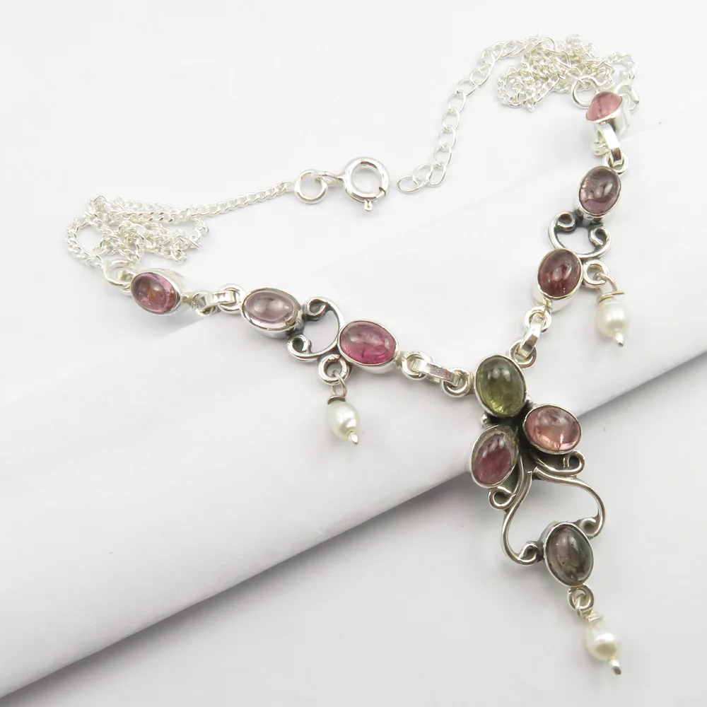 

Pure Silver Rare Tourmaline, Pearl Necklace 18.3" 12.8 Grams