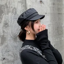 Модная шапка из искусственной кожи в стиле милитари, осенне-зимняя шерстяная шляпа моряка для женщин и мужчин, Черная Женская кепка с плоским верхом для путешествий, Кепка Капитана