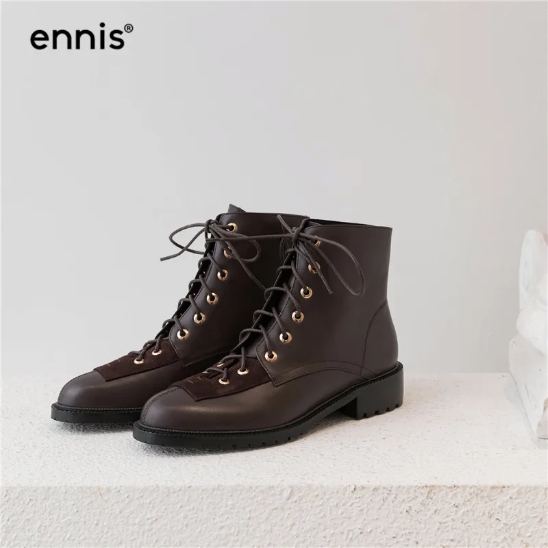 ENNIS/; дизайнерские кожаные Ботинки martin; женские ботильоны на шнуровке; обувь на низком квадратном каблуке; женские черные ботинки; сезон осень; Новинка; A9169