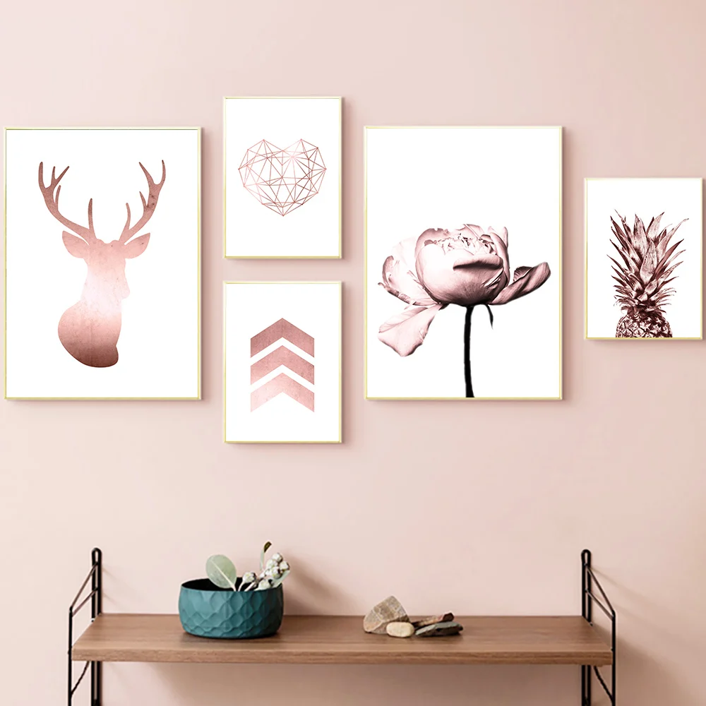 

Geometric Heart Deer Canvas Painting Tropical Pineapple Wall Art Rose Gold Print Peony Flower Nordic Poster Pictures Home Decor