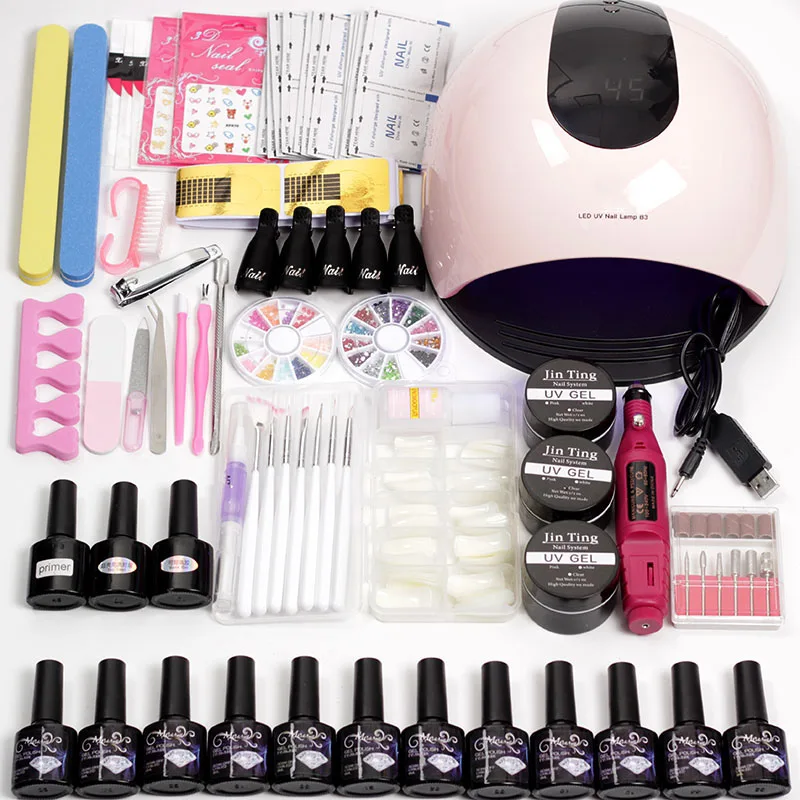 Online 20000 RPM Elektrische Nagel Maniküre Maschine Nagel Verlängerung Kit 18 36 lampe perlen Uv Nagel Lampe mit 12 Farbe Gel Lack nail art Set