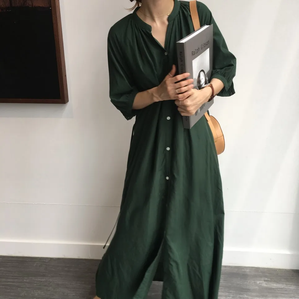 Novo Design Longo Camisa Vestido Feminino 2021 Verão Verde Caramelo Cor Meia Manga Solta Oversize Tornozelo Comprimento Chique Casual 13 High Quality Moda Feminina
